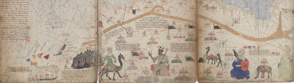 Map of West and North Africa along the Mediterranean coast, with trade routes and kingdoms noted through illustrations.