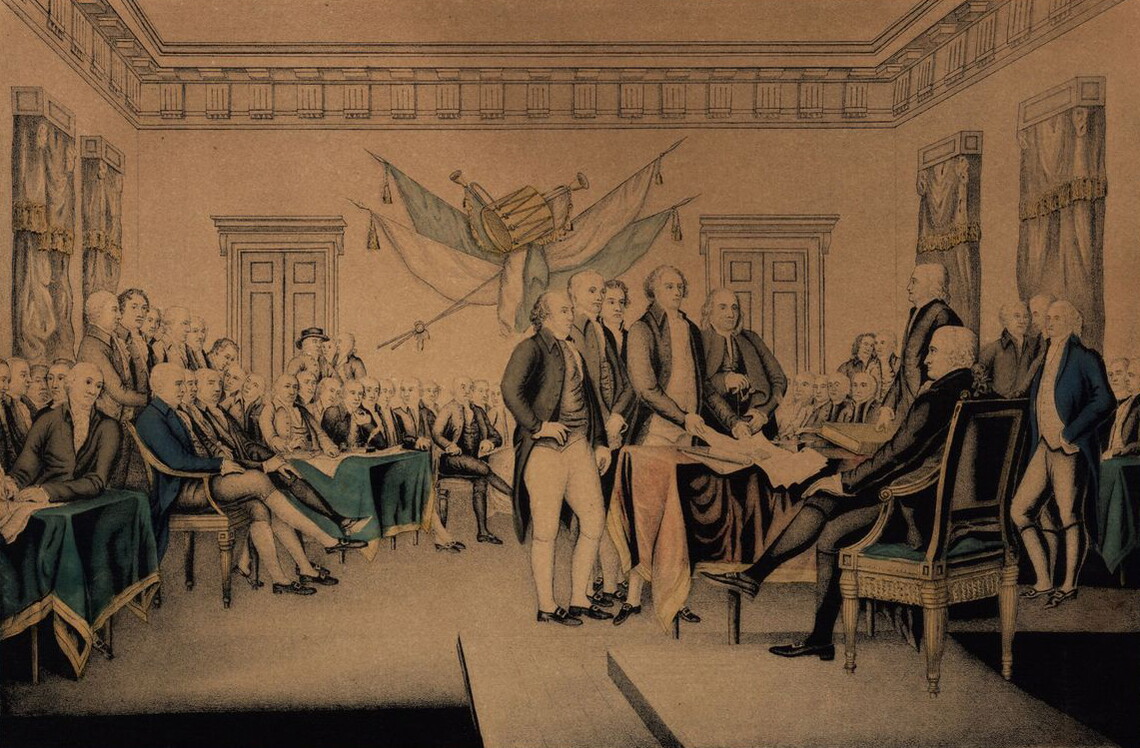 One print entitled The Declaration of Independence July 4th 1776 dated circa 1850. This image is a gathering of men and is considered to be depicting the signing or presentation of the Declaration of Independence.