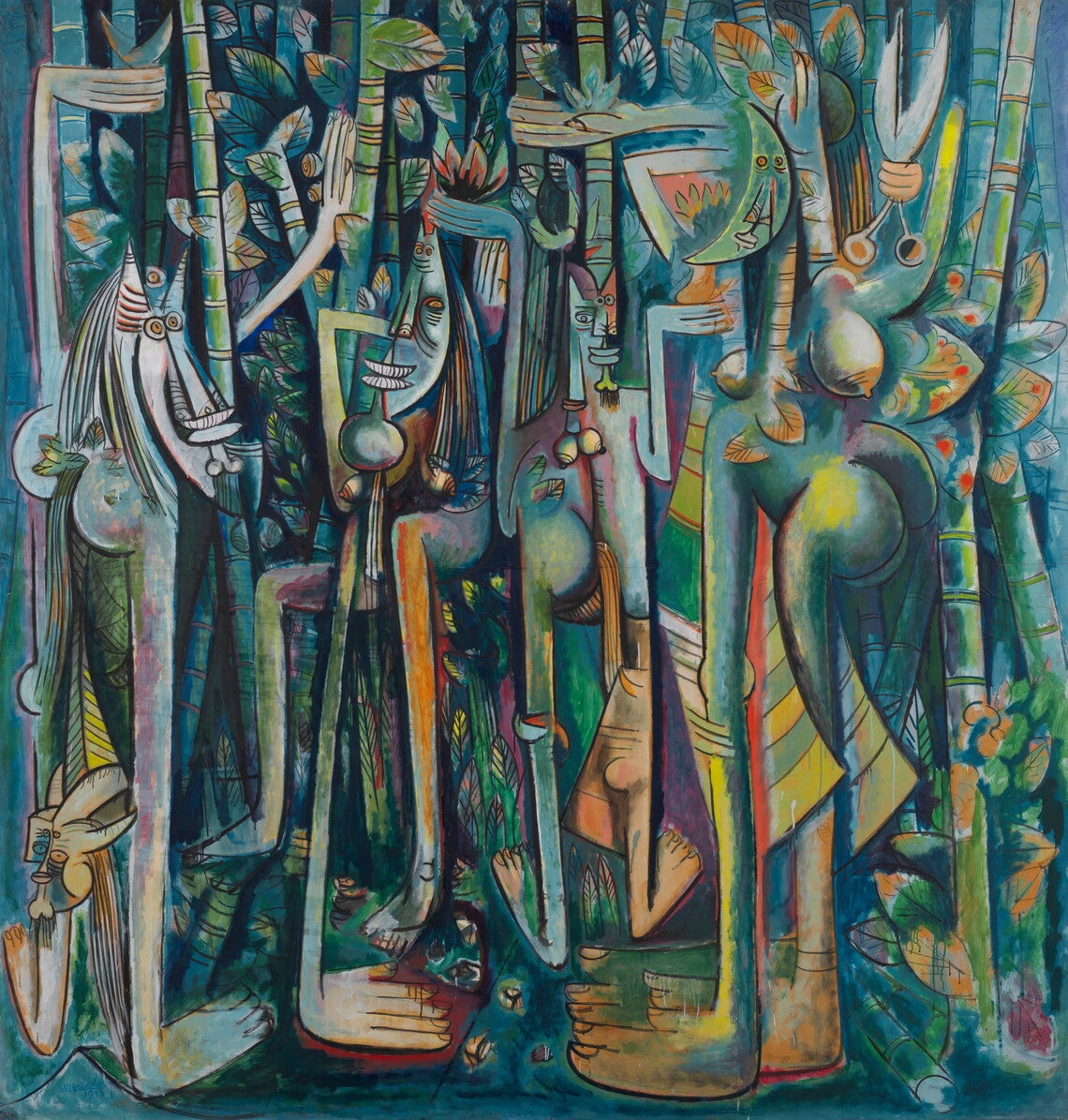 An abstract painting of people in masks with oversized hands and feet.