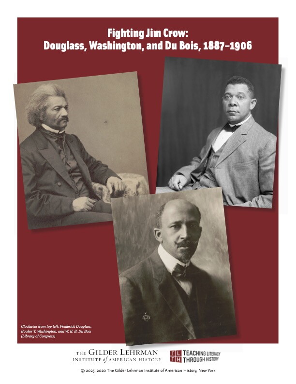 First page of lesson plan, featuring photographs of W.E.B. DuBois, Booker T. Washington, and Frederick Douglass