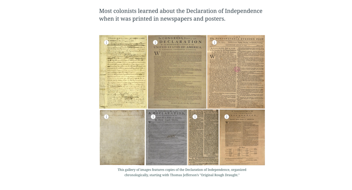 Screenshot of the exhibition, showing different copies of the Declaration
