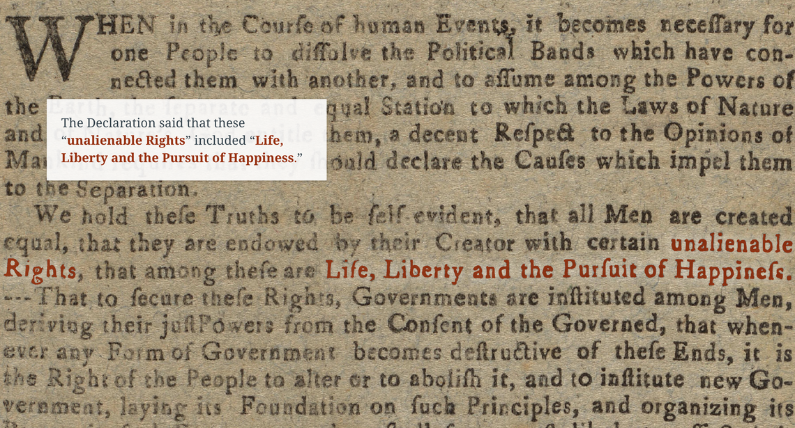 Screenshot of the exhibition, showing hovering text discussing "Life, Liberty, and the Pursuit of Happiness"