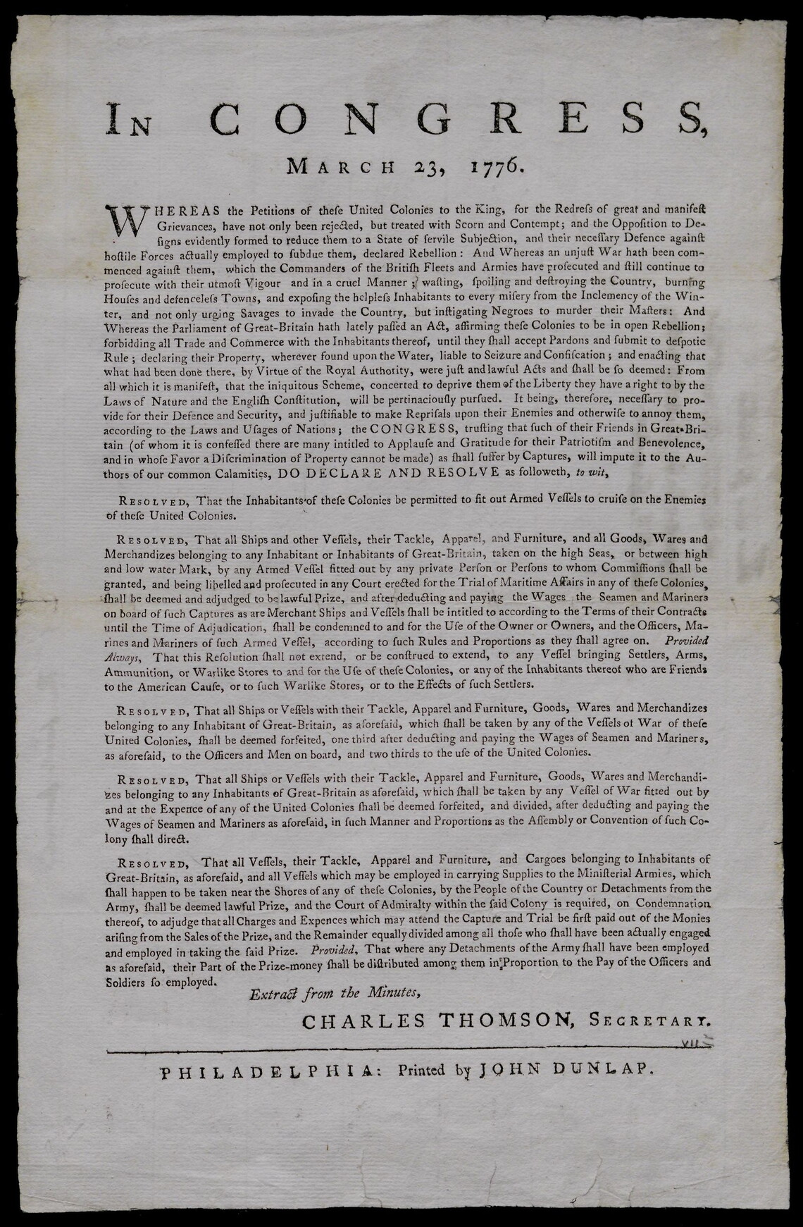 Rejection of Olive Branch Petition by Congress; lets colonists arm vessels