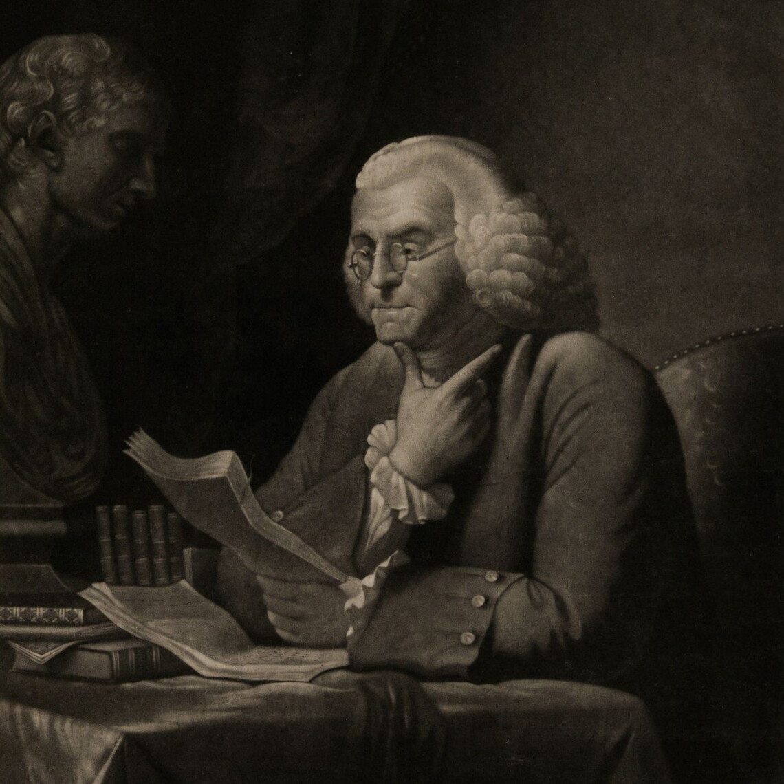 Mezzotint based on David Martin's late 18th-century portrait. At the bottom corners of the print, Martin is credited with the original painting and Edward Savage with the engraving of this mezzotint. Title is in cursive across the bottom of the sheet, whereas the original portrait has a printed title. Franklin is reading at a small table with his hand at his throat. To his right, perched atop a pile of books, is a bust of Isaac Newton.