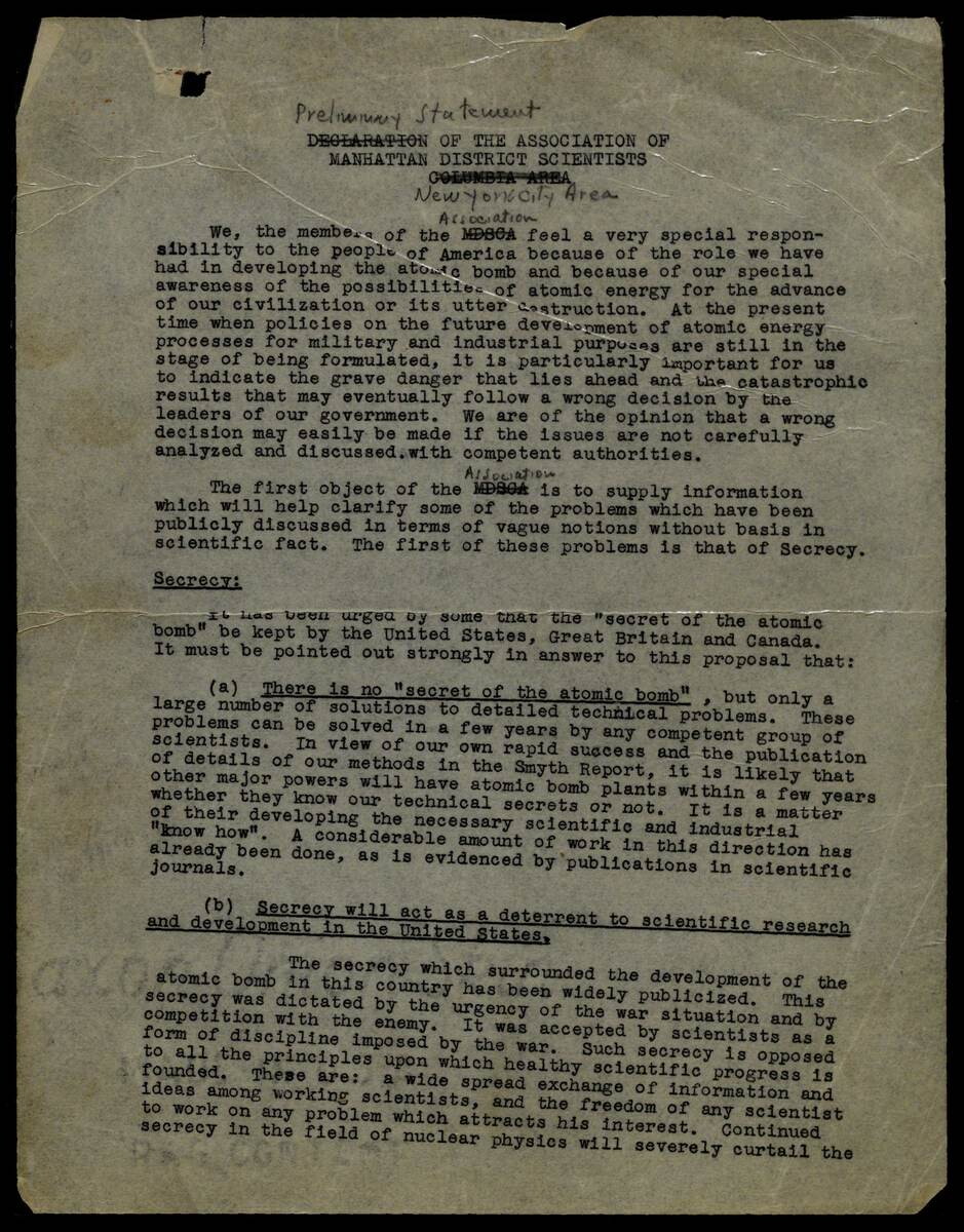Preliminary statement of the Association of Manhattan District Scientists, August 1945