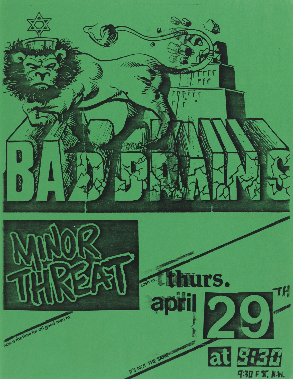 A green poster for Bad Brains (featuring a Lion of Judah with a Star of David crown, its tail knocking over a building) and Minor Threat, noting the date, time, and location.