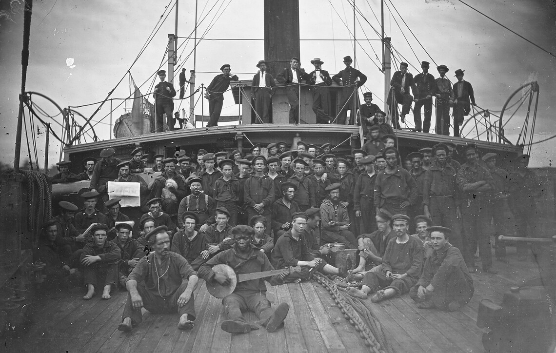 Photograph of sailors on the deck of gunboat "Hunchback" on James River, Va., ca. 1860–1865, by Mathew Brady (National Archives)