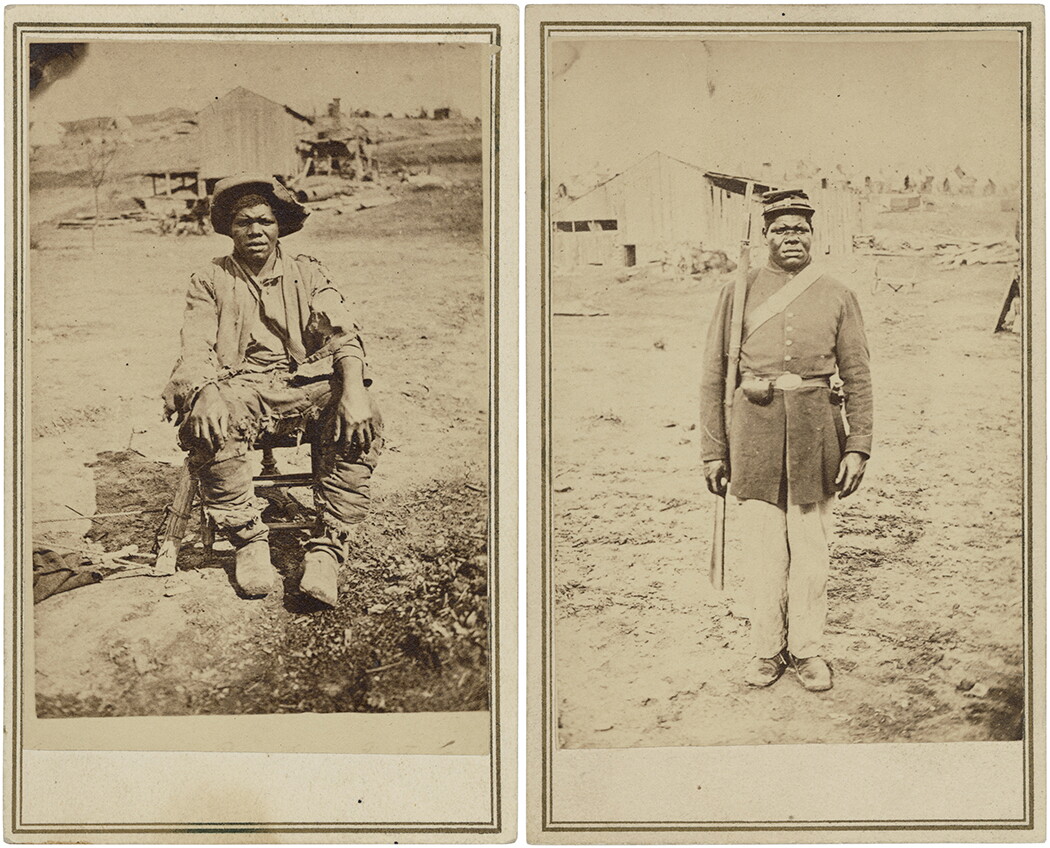 Black Civil War soldier Hubbard Pryor before (left) and after (right) enlisting in the 44th US Colored Troops, 1864. (National Archives)