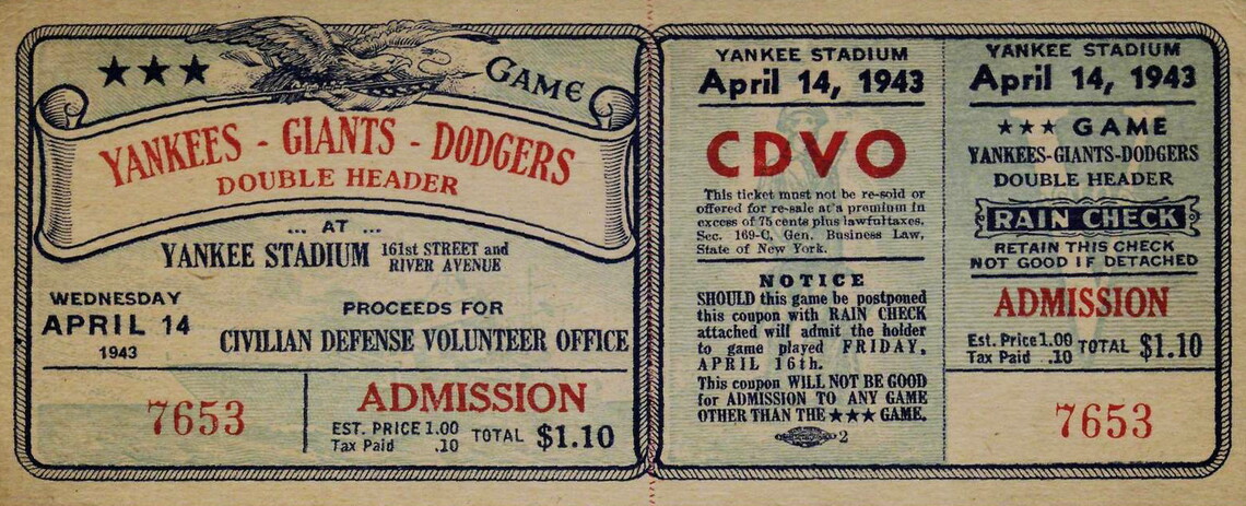 Unused ticket from a 1943 double feature with the Yankees, Giants, and Dodgers.