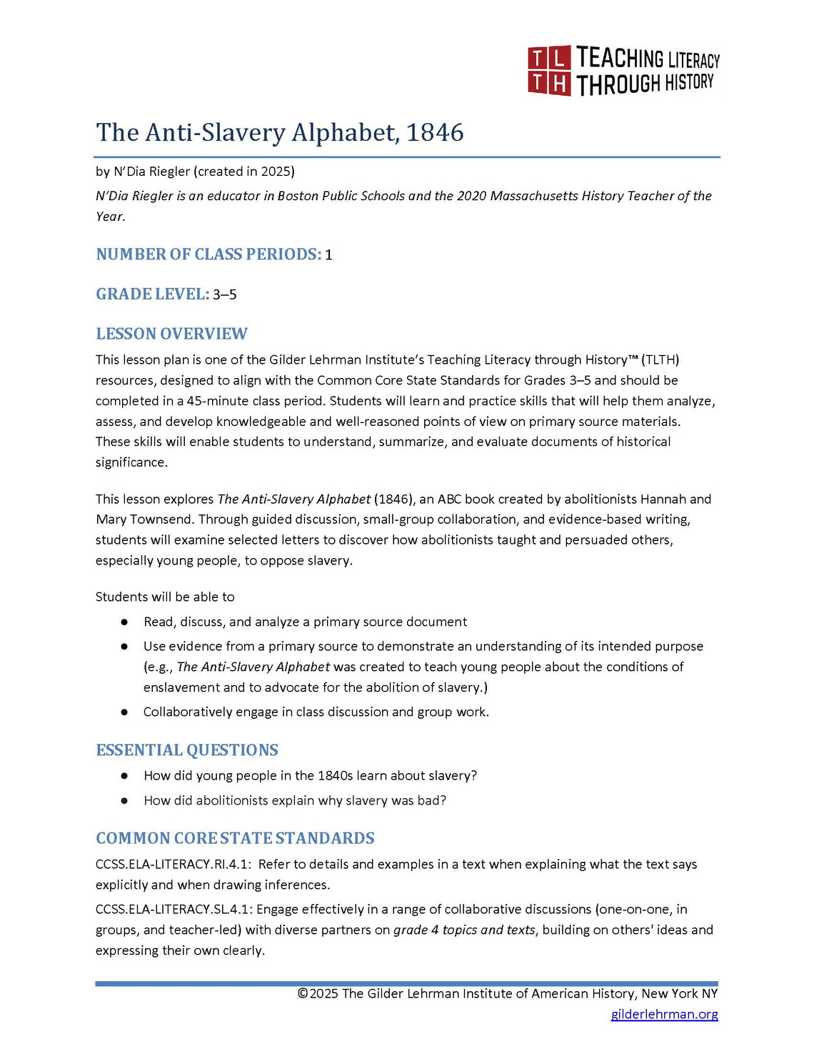 First page of the Anti-Slavery Alphabet, 1846 Lesson Plan