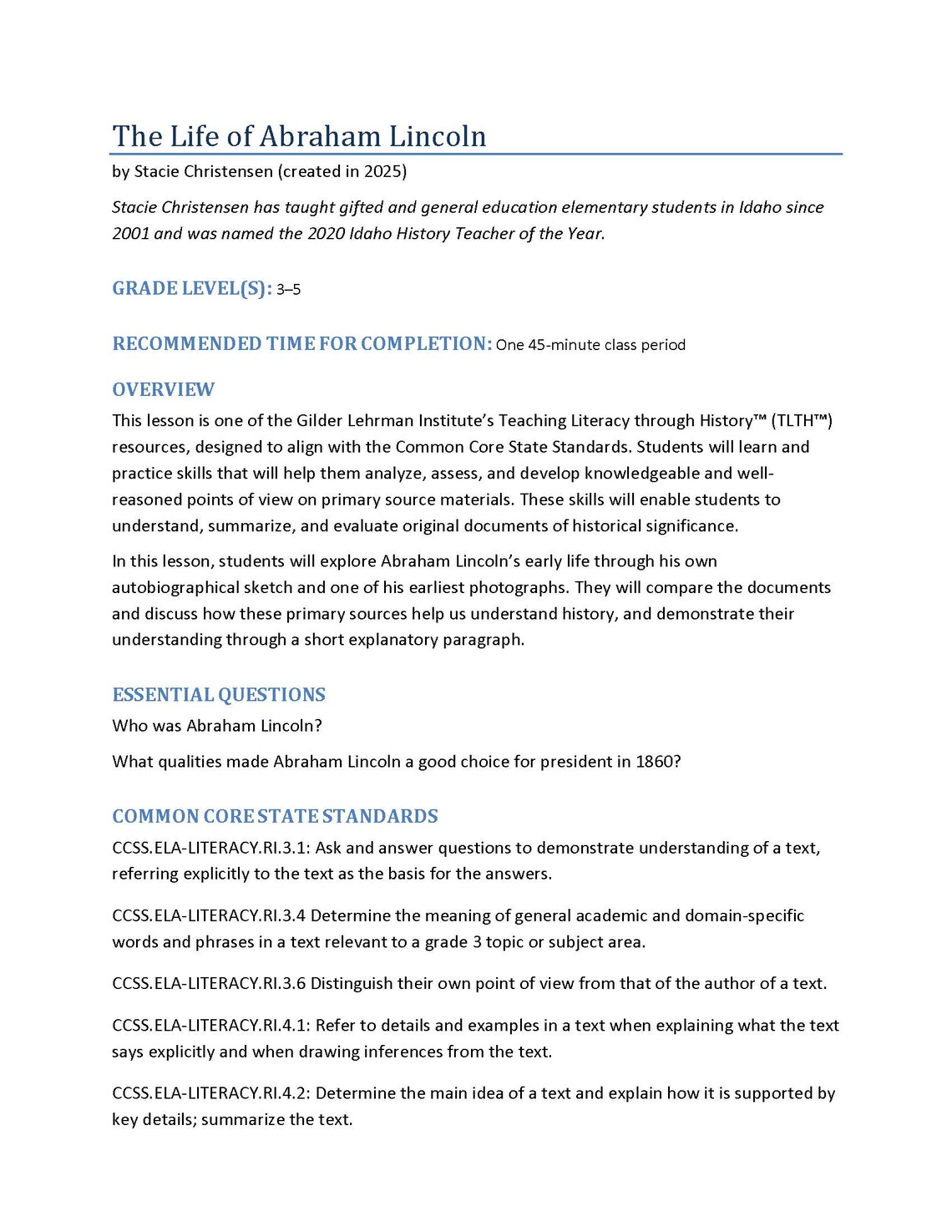 first page of Life of Abraham Lincoln lesson plan