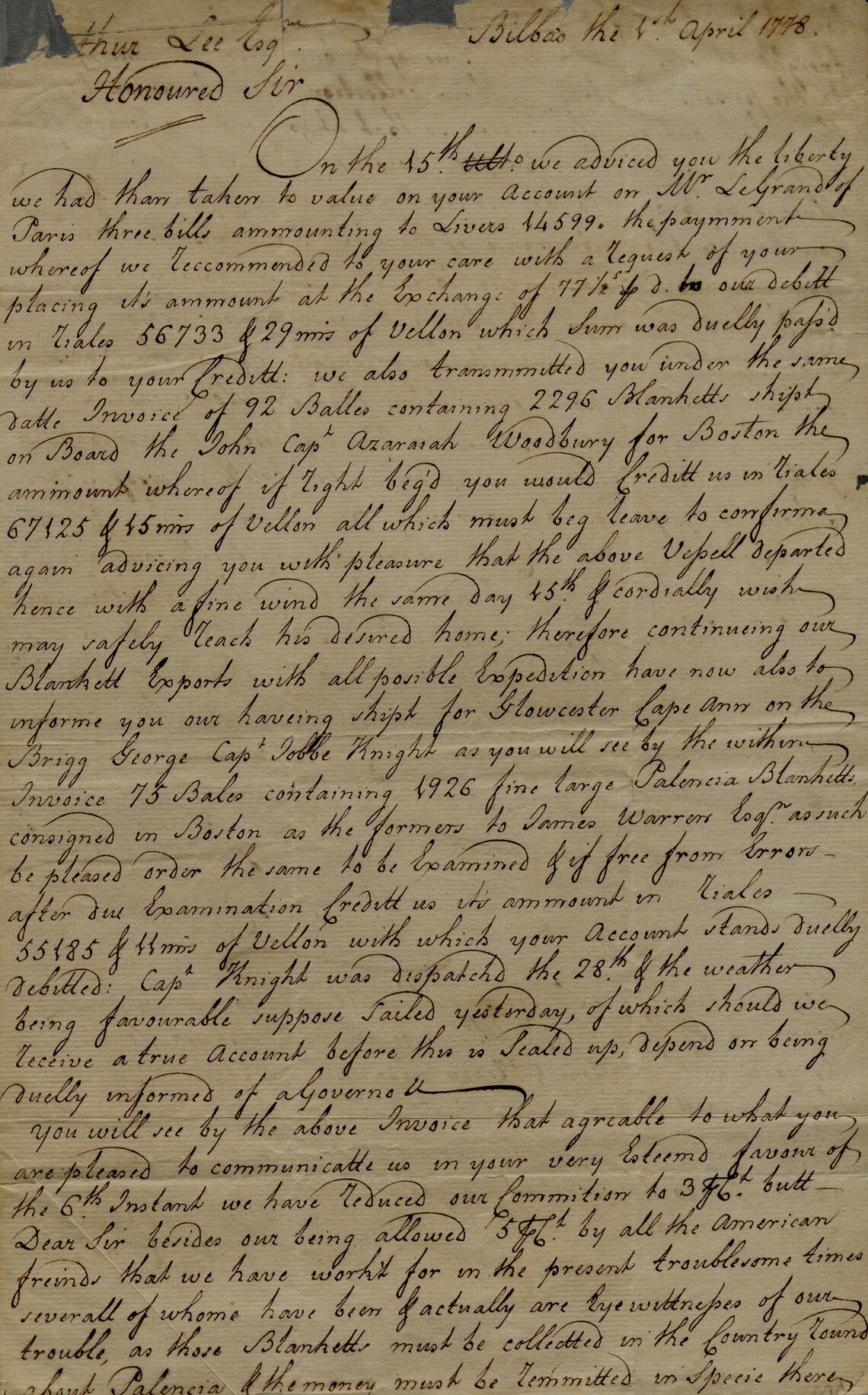 Handwritten letter from Gardoqui e Hijos (firm) to Arthur Lee, April 4, 1778. (The Gilder Lehrman Institute, GLC01450.523)