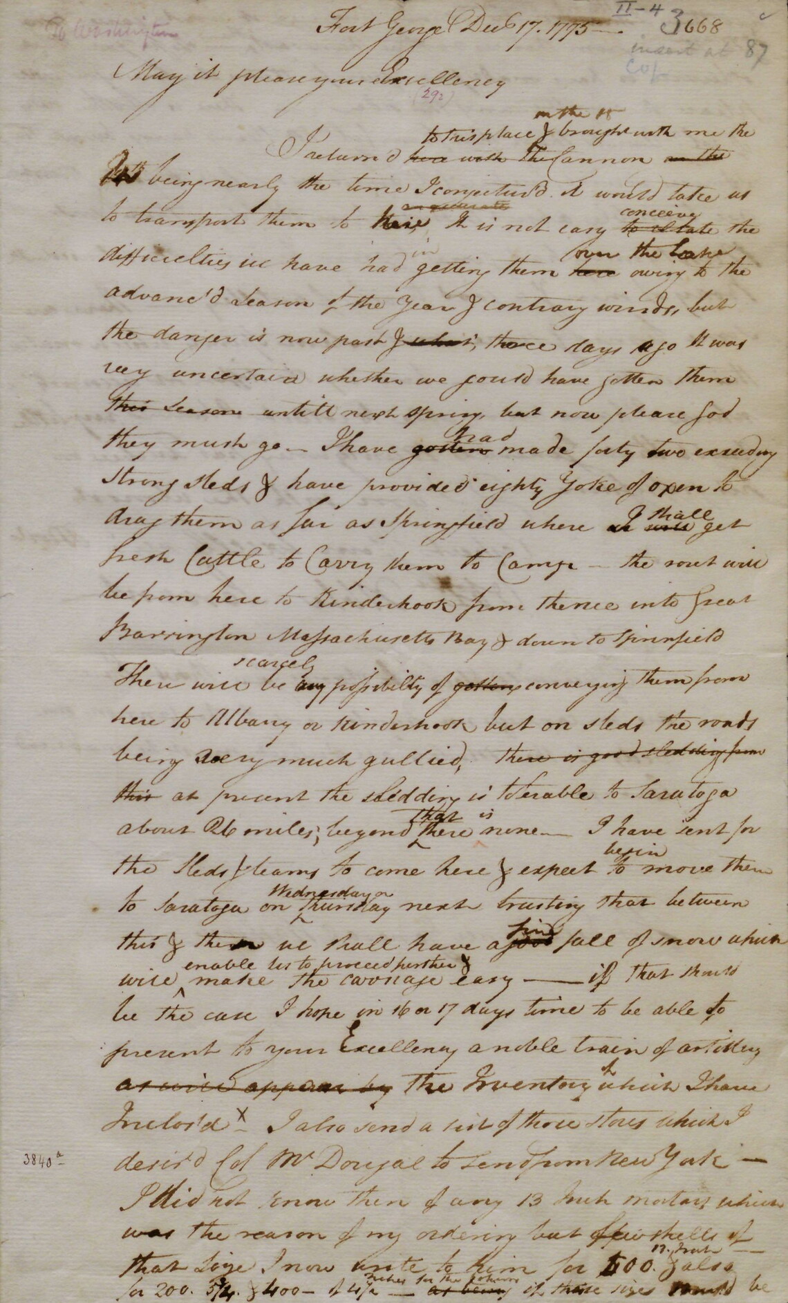 A letter from Henry Knox to George Washington. December 17, 1775.