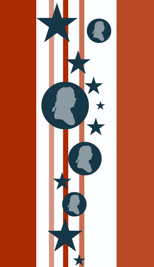 Decorative graphic showing blue silhouettes, blue stars with red and white vertical bars 