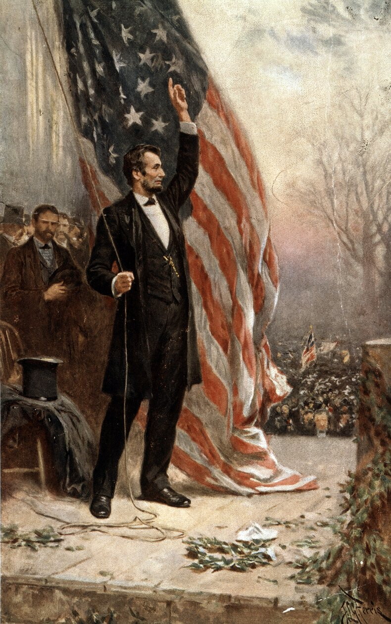 Anachronistic print showing Abraham Lincoln standing in front of the US flag by Jean-Leon-Gerome Ferris, ca. 1908.
