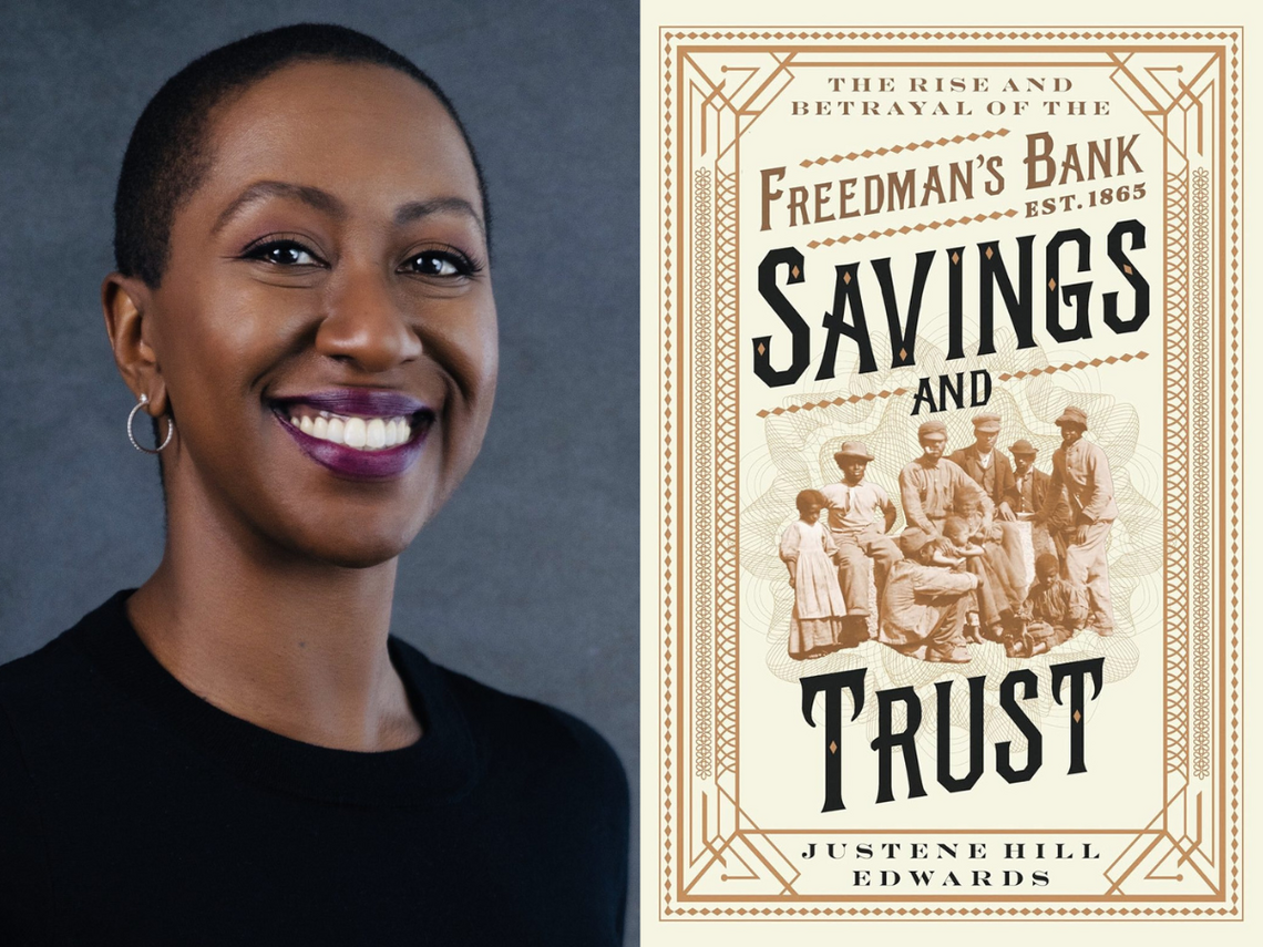 Justene Hill Edwards headshot and book cover art of Savings and Trust
