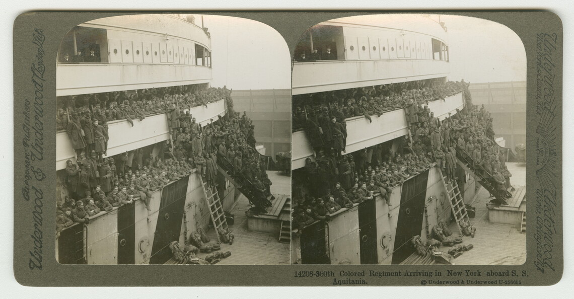 Stereoscopic photograph of a regiment of soldiers on three decks of a large ship.