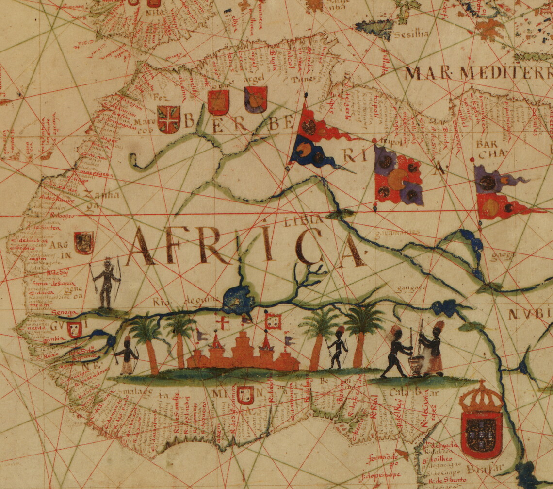 Detail of a portolan chart of the Atlantic Ocean and adjacent continents