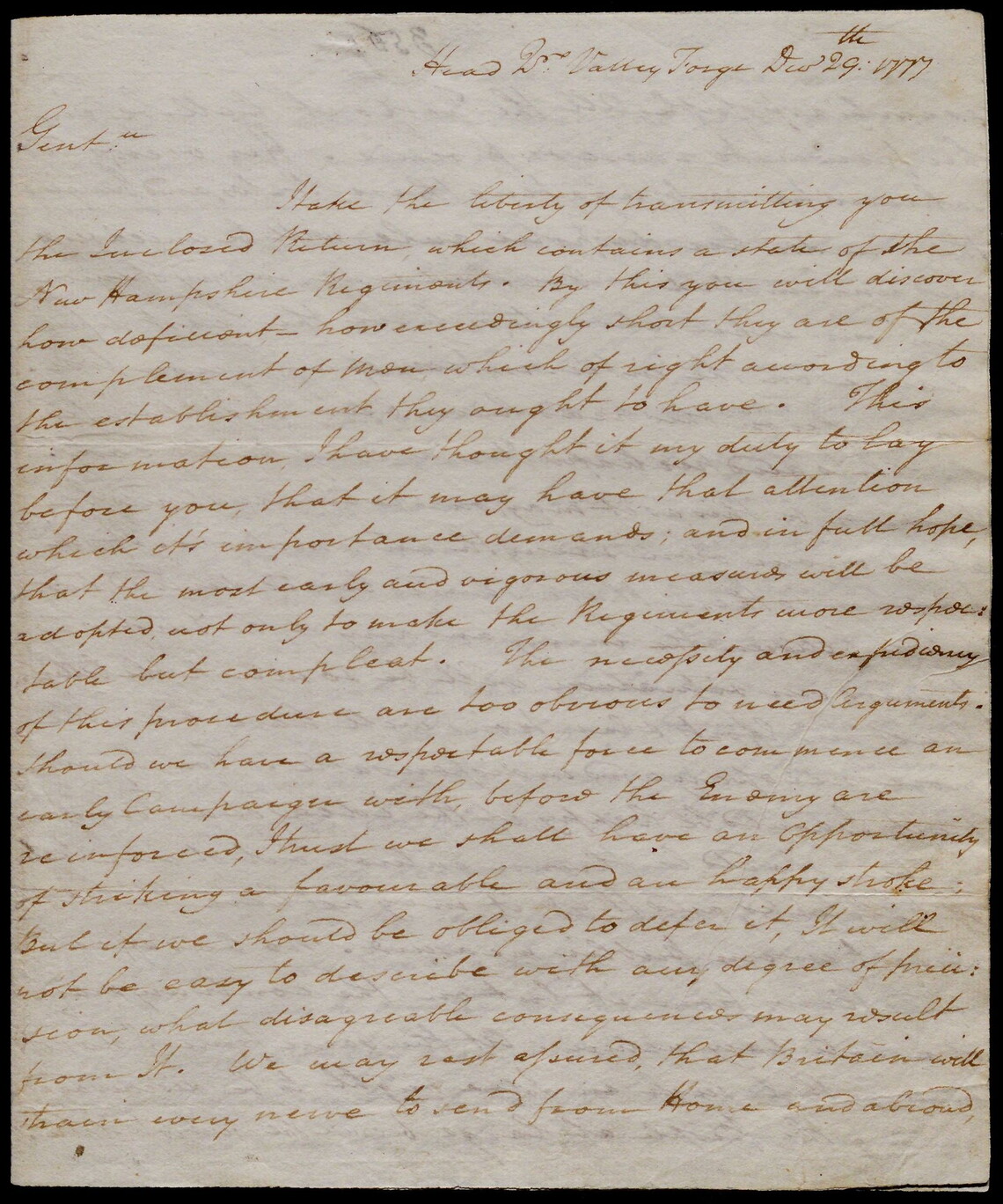Letter from George Washington about the state of the Continental Army