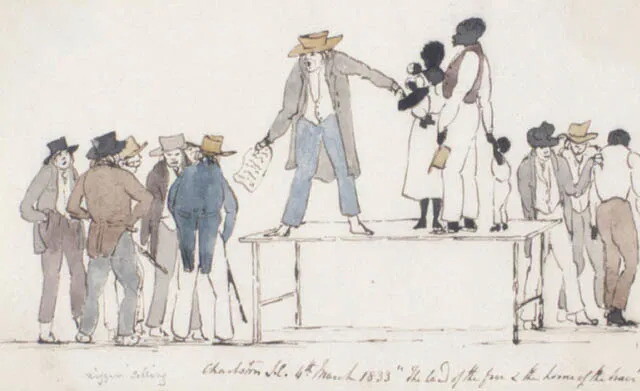 This pen-and-ink drawing and watercolor by Henry Byam Martin depicts a slave market in Charleston, South Carolina, in 1833. An inscription on the original reads "Charleston S.C. 4th March 1833 'The land of the free & home of the brave.'"