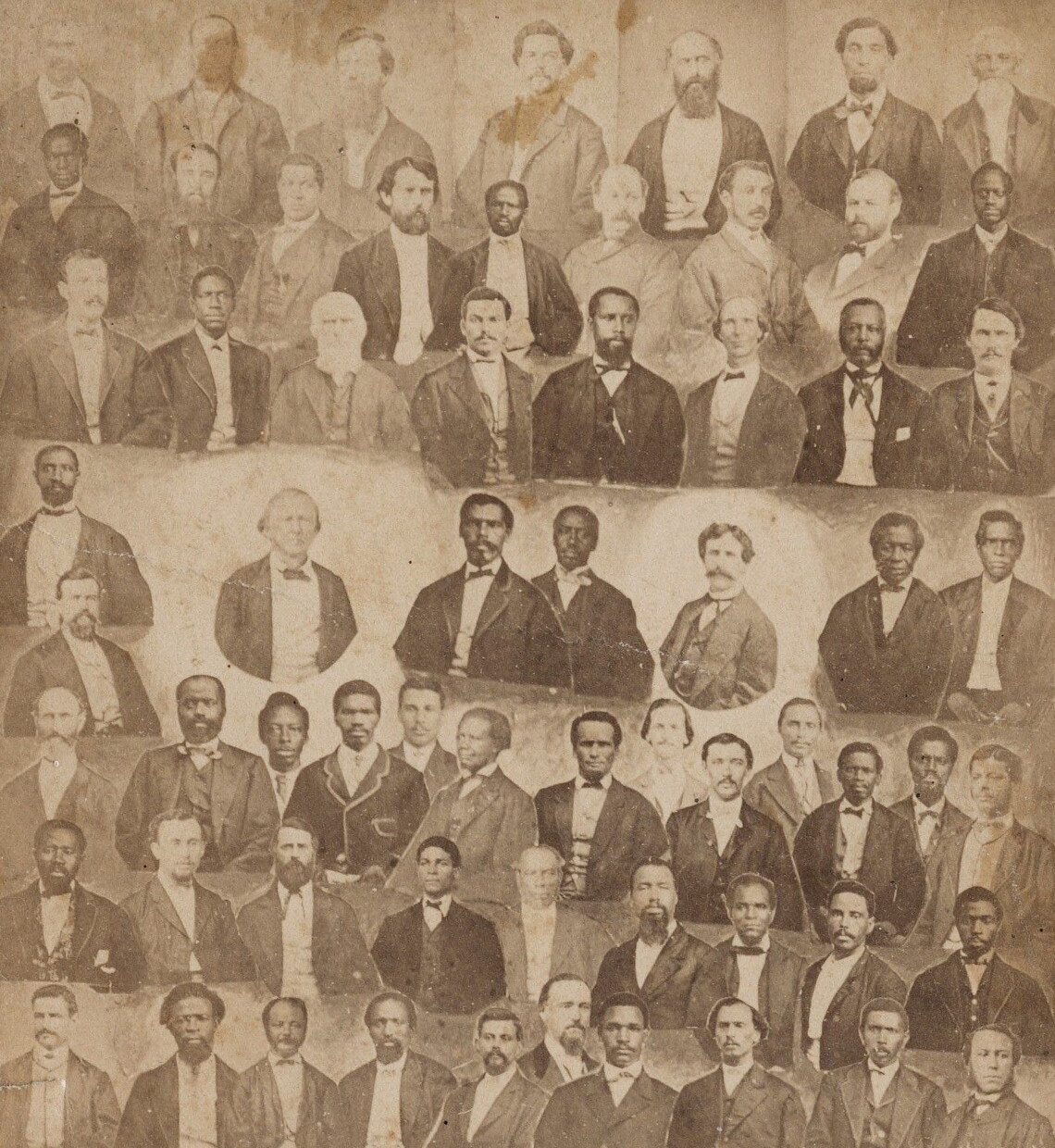 A collage of portraits of Black and white men in suits and ties in seven rows.