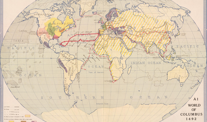 World map showing pathway of Columbus' voyages