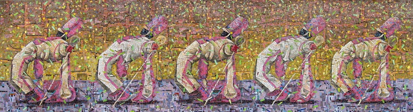 A tile mosaic in a subway station of drum majors in white uniforms dancing in formation.