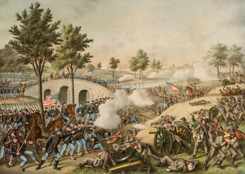 Depicts fighting between Union and Confederate troops near the small stone bridge that crossed the Antietam. Mounted on heavy cardboard backing.